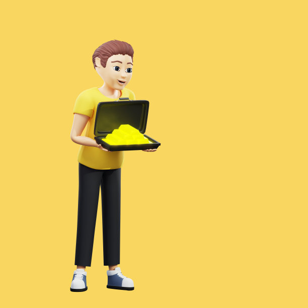 栅格插图的人拿着黄金。穿着黄色t恤的年轻人微笑着，手里拿着一个装满金条的箱子，里面有钱、收入、事业和利润。用于商业和广告的3d渲染艺术品图片下载