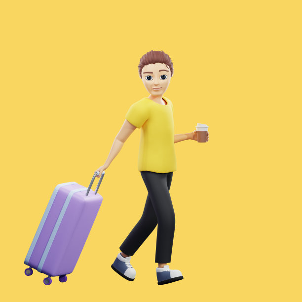 栅格插图的人来与银色行李箱。穿着黄色t恤的年轻人拿着一个包，一个箱子，从一个纸板杯里喝咖啡。用于商业和广告的3d渲染艺术品图片下载