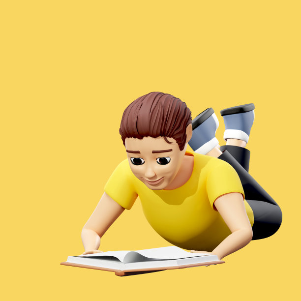栅格插图的人在地板上看书。穿黄t恤的年轻人读文学、教育、学习、杂志、作家。用于商业和广告的3d渲染艺术品图片下载