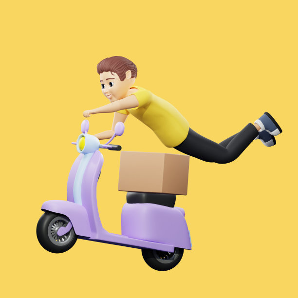 栅格插图的人骑着一辆小型摩托车，盒子在上面，手臂和腿。穿黄t恤的年轻人骑摩托车，飞飞机，送货，运输，速度，交通规则。3 d渲染作品图片下载