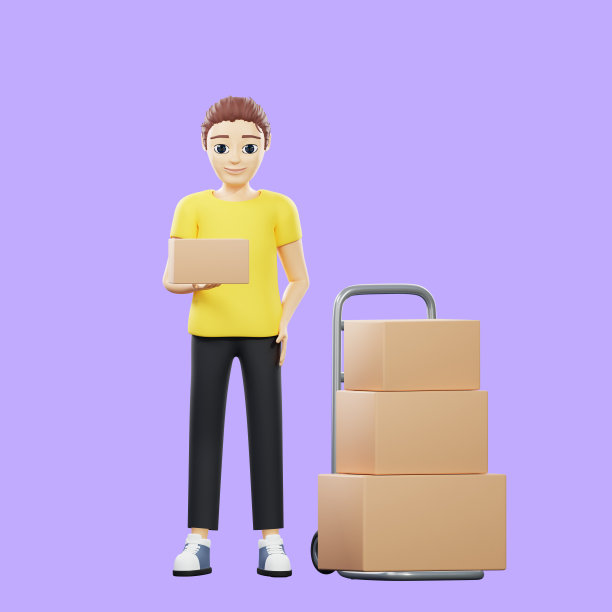 栅格插图的人拿着包裹和停留在附近的一堆箱子推车。穿黄色t恤的年轻人是一个装载工，负责送包裹、演示、送货、采购、订单。三维作品图片下载