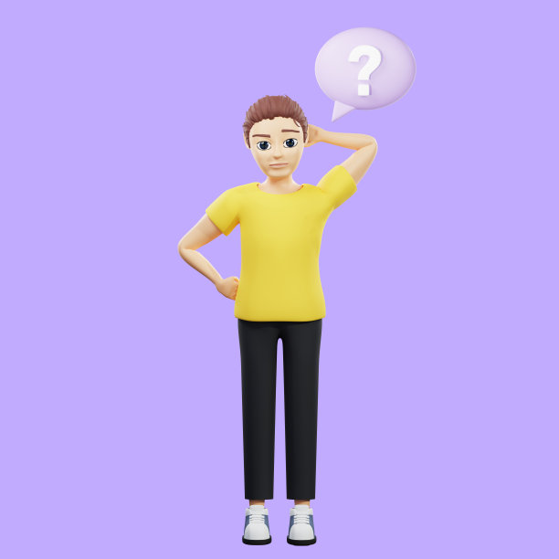 栅格插图的人附近的圆形语音气泡与一个问号。一个穿黄色t恤的年轻人想，挠挠后脑勺，这是在解决问题。3 d渲染作品图片下载