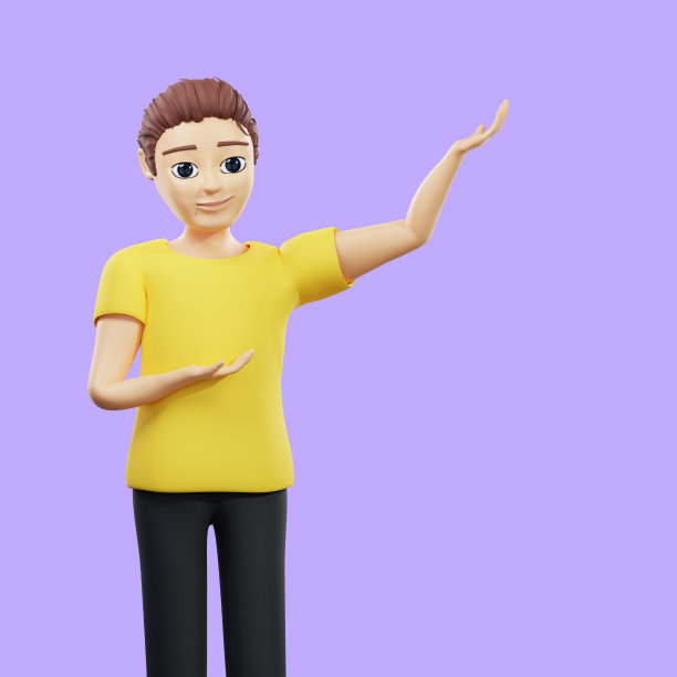 栅格插图的人指向与他的手掌。一个穿黄色t恤的年轻人指示方向，右，左，上，下，目的地，路线。商业3d渲染艺术品图片下载