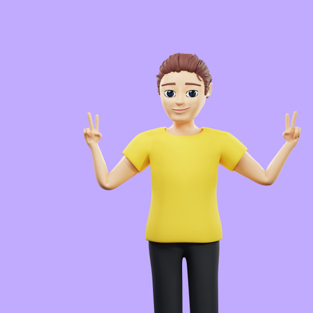 栅格插图，男子举起两根手指。一个穿黄色t恤的年轻人展示了一个问候手势两只手，下午好，酷的手势，青少年，手势语言。3d渲染艺术作品的业务图片下载