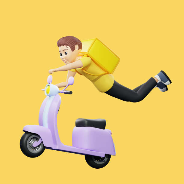 光栅插图的人与背包骑摩托车与手臂和腿。穿黄t恤的年轻人骑摩托车，飞飞机，送货，运输，速度，交通规则。3 d渲染作品图片下载