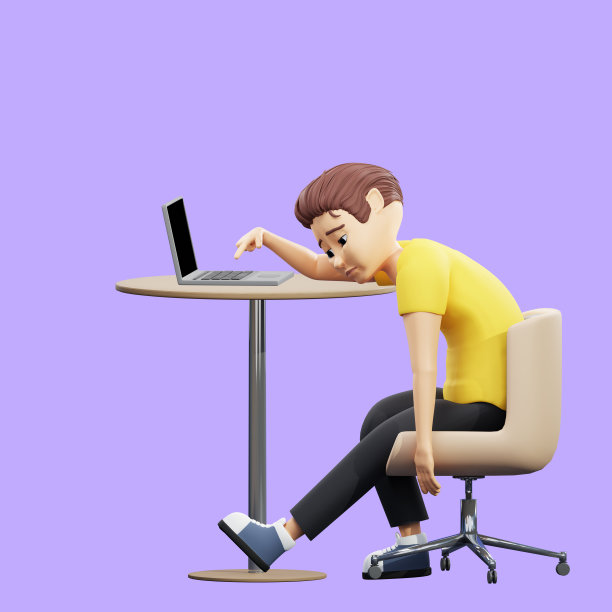 在电脑前无聊的人的栅格插图。一个穿黄色t恤的年轻人坐在他的办公桌前，用手指戳着笔记本电脑，无聊、悲伤、忧郁。商业3d渲染艺术品图片下载