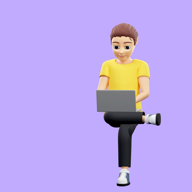 光栅插图的人坐在脚对脚和点击电脑。穿着黄色t恤的年轻人坐在笔记本电脑上，晚上工作，放松，社交网络，上网。3d渲染艺术作品图片下载