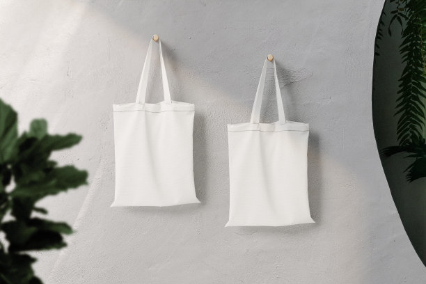 清洁最小的袋子帆布挂在白色墙壁上的植物背景模型图片下载