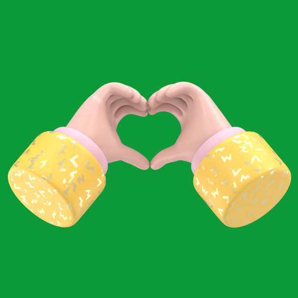 绿屏模型。卡通浅肤色手与金色袖子显示手势心脏绿色屏幕的镜头和剪辑路径。图片下载