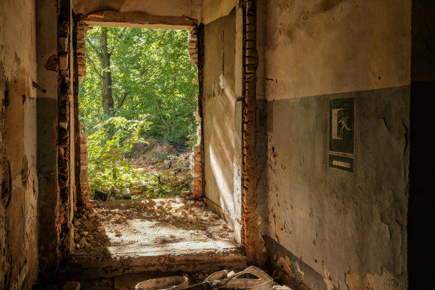废弃砖房空荡荡的门口，阳光照在破败的墙上。图片下载