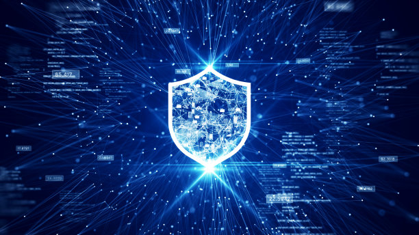 网络安全数据保护技术概念互联网连接在线网络。中间有一块突出的盾。多边形二进制代码和深蓝色背景上相互连接的图标。图片下载