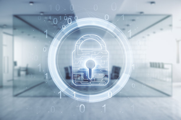 虚拟创意锁插图与微电路在现代家具教室背景，网络安全的概念。Multiexposure图片下载