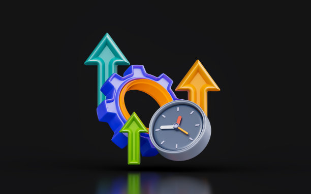 齿轮标志与向上箭头时钟在黑暗背景3d渲染概念图片下载