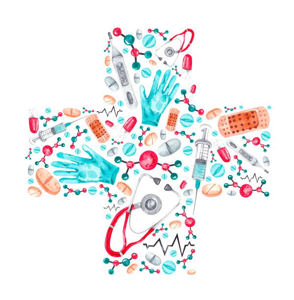 用手套、药片、温度计、注射器、听诊器做成的水彩医学十字图片下载