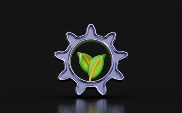齿轮标志与树在黑暗背景上的3d渲染概念图片下载