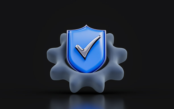 齿轮安全盾检查标志上的黑暗背景3d渲染图片下载