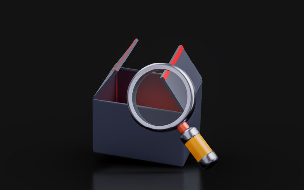 打开盒子与放大镜标志上的黑暗背景3d渲染概念图片下载