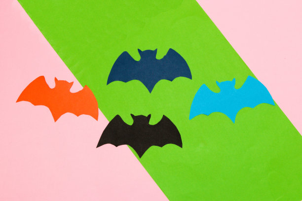 彩色蝙蝠在粉绿色的背景，创造性的艺术设计，万圣节的概念，平铺，纸工艺图片下载