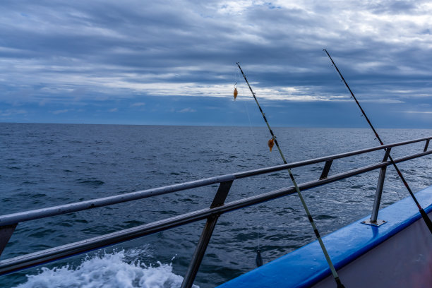 两根鱼竿准备在海上的一艘船上钓鱼图片下载