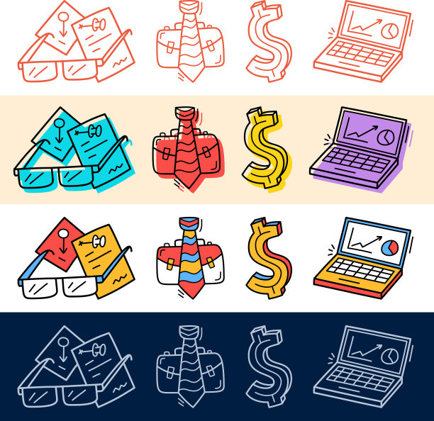 手绘业务美元工作电脑图标集图片下载