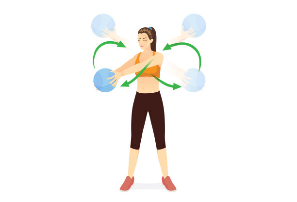 运动妇女用健身球8字形姿势做运动。按照画数字8的方向左右摇摆球。图片下载