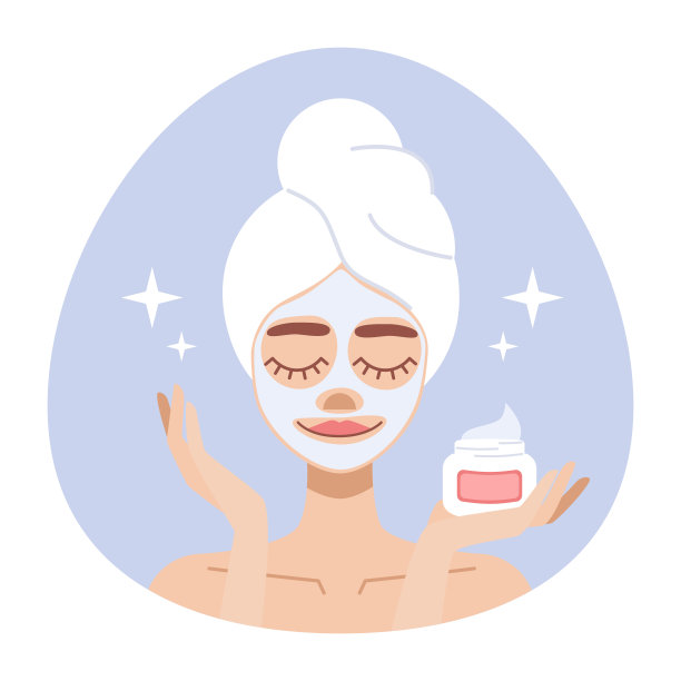 扁平插图妇女与毛巾在头上照顾皮肤，面霜和马克图片下载