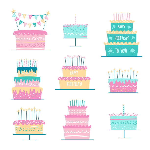 生日快乐蛋糕矢量插图套装图片下载