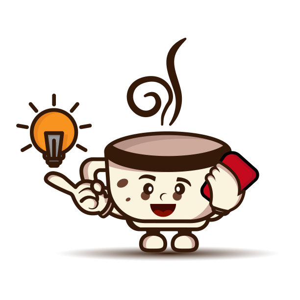 插图卡通人物可爱的咖啡杯与手机和灯泡。说明平面风格。适合咖啡产品的推广、印刷设计。设计模板向量图片下载