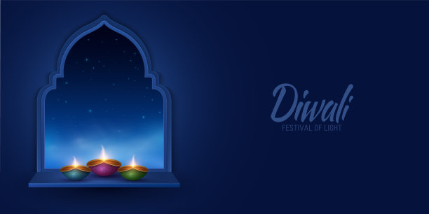 窗户上的油灯俯瞰着童话般的星空。排灯节的节日封面或横幅。印度度假模板设计。三维向量图片下载