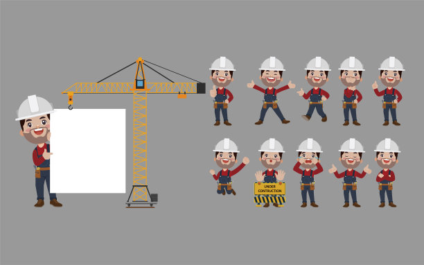 一组不同姿势的工人角色图片下载