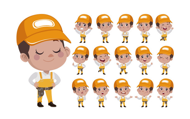 一组不同姿势的工人角色图片下载