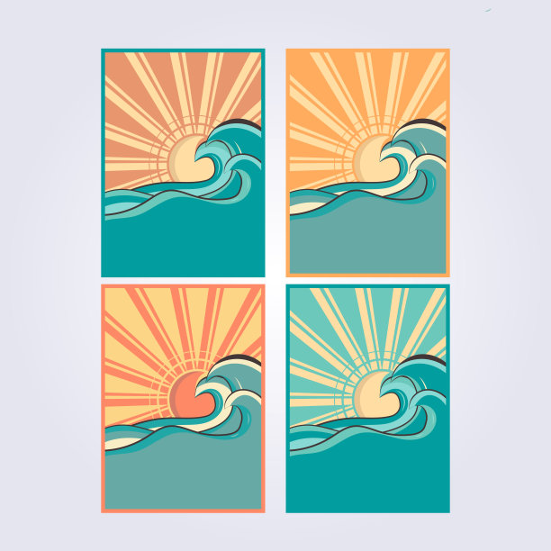 大海日落海浪海洋海报图标标志符号贴纸横幅插图复古景观海景棒极了图片下载