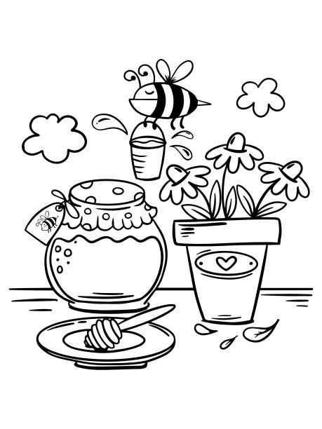 蜂蜜和花朵轮廓插图。秋天着色页面。图片下载