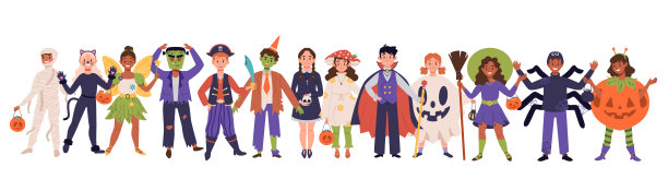 一群孩子们穿着滑稽的万圣节服装参加派对和“不给糖就捣蛋”。孩子们穿着狂欢节或节日的衣服。快乐的女孩和男孩微笑。平面向量插图图片下载