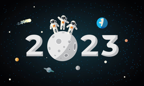2023年的文字，三名宇航员在月球表面。新年背景是平面行星地球，月球和太空中的宇航员。图片下载