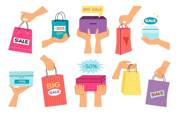 女性手里拿着打折的购物袋。在零售打折的时候，女人拿着五颜六色的纸袋。体面的礼物或礼品从商店矢量收集图片下载