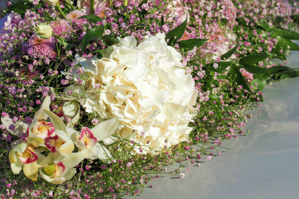 白色的绣球花和兰花，粉色的雏菊和槐花。精致的车顶装饰，色彩柔和图片下载