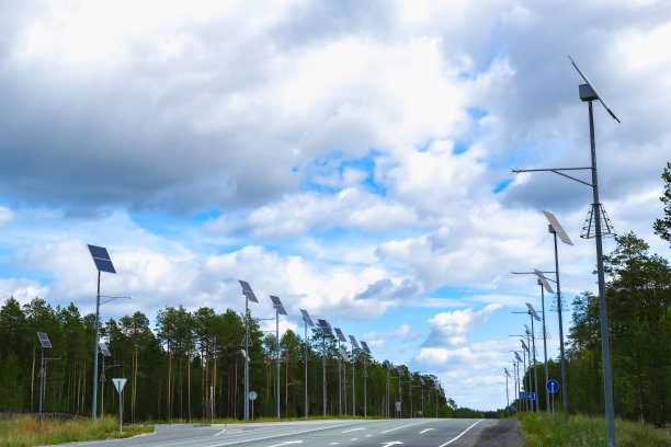 太阳能电池板灯柱。农村的可再生能源。图片下载