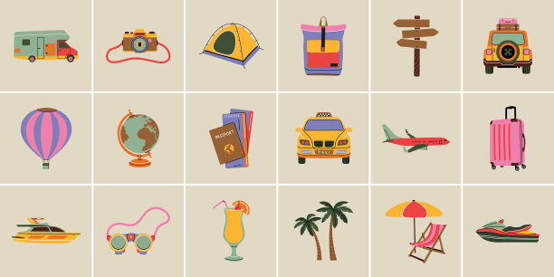一套现代平线风格的旅行元素。手绘矢量插图的休闲，度假，航行，自驾游，旅游，露营，假日卡通设计。复古节日徽章徽章徽章图片下载