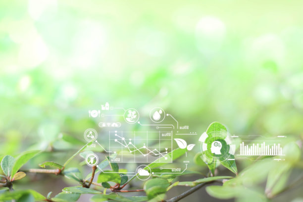 模糊自然背景下的可持续能源和智能技术的图标，环境和生态的概念。AI，未来智能虚拟屏幕，物联网，社交媒体，大数据，元宇宙图片下载