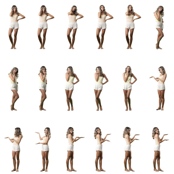 年轻可爱的短睡衣女人担心，邀请，招手和广告手势。图片下载