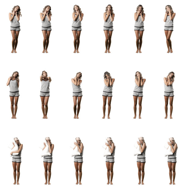 可爱的年轻女子在睡眠中戴着检查脸，伸长脖子，抱着枕头打哈欠瞌睡图片下载