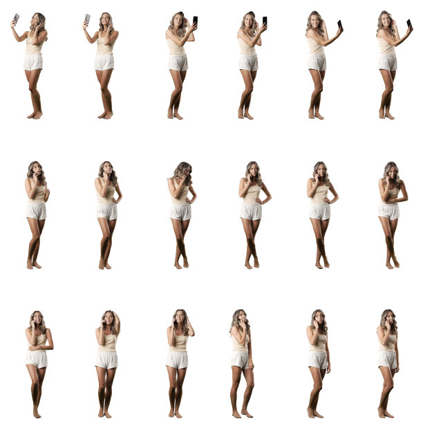 可爱的年轻女子穿着睡衣，用智能手机自拍，边说边笑。图片下载