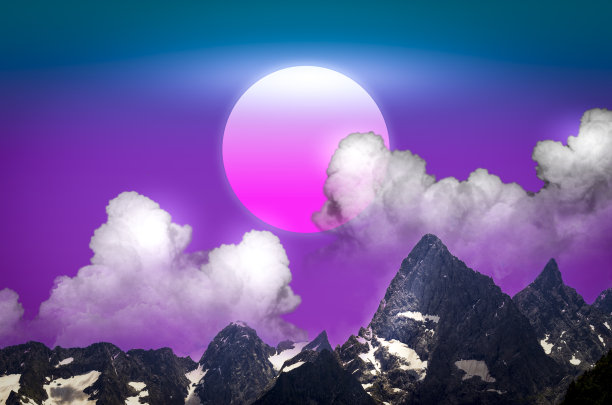 夜景有山有云。抽象艺术拼贴。图片下载