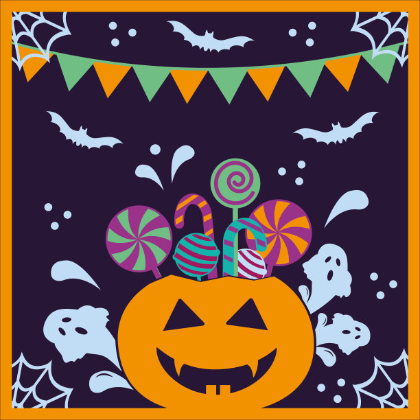 万圣节南瓜篮充满糖果和糖果在紫罗兰色的背景图片下载