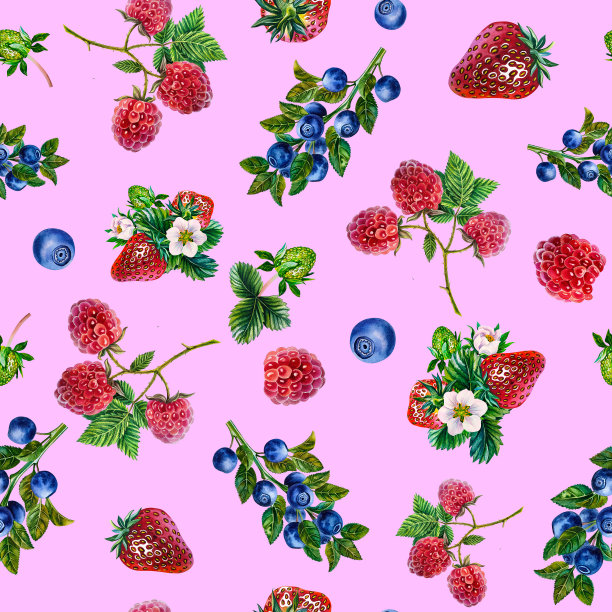 贝瑞模式。草莓，覆盆子和蓝莓的无缝图案。水彩。设计解决方案图片下载