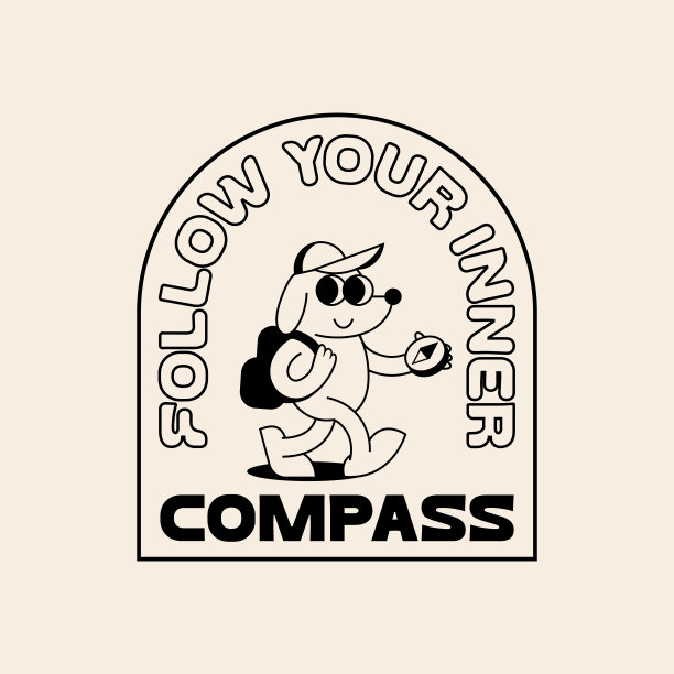 有趣的复古插画行走微笑的狗与一个指南针。复古风格的矢量字符。户外夏令营标志图片下载