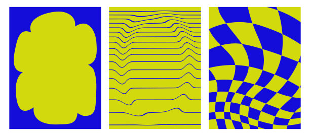 一套酸的未来主义背景。90年代风格的矢量海报。迷幻的格子图案，抽象的形状和扭曲的线条图案。时尚图形模板。矢量图图片下载