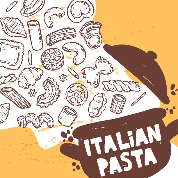 刻字意大利面食。不同类型的面食作为背景，菜单，明信片，咖啡馆，餐厅，酒吧，商店。一套意大利菜的主食。矢量手绘风格的插图。图片下载