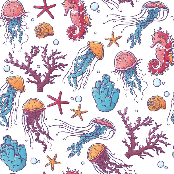 手绘海洋生物图案。载体水母，珊瑚，藻类，海马和海星。图片下载